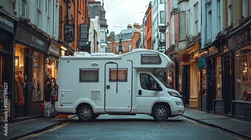 White Campervan Parked In A City Street