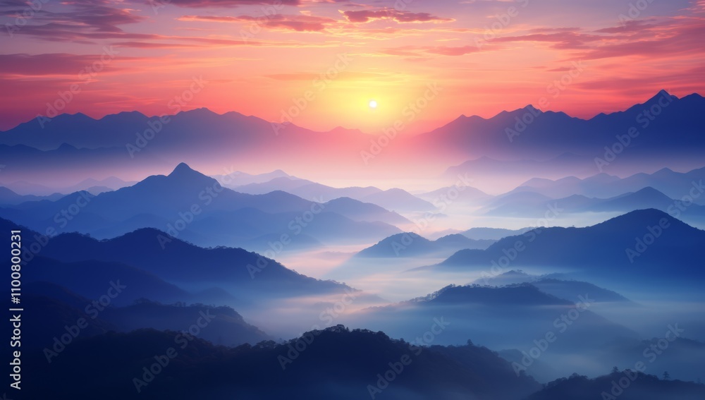 Fototapeta premium Contrasting Sunrise Mist on Korabasa’s Majestic Mountains