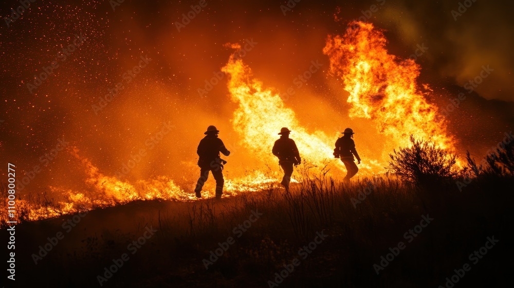 Fototapeta premium Three firefighters battling a massive wildfire at night.