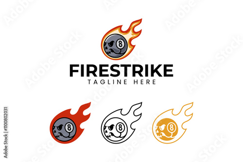 skull with black ball billiard and fire meteor logo design. head skull with 8 ball flame comet modern element design. grim skull snooker ball illustration logo for billiard sport club and tournament