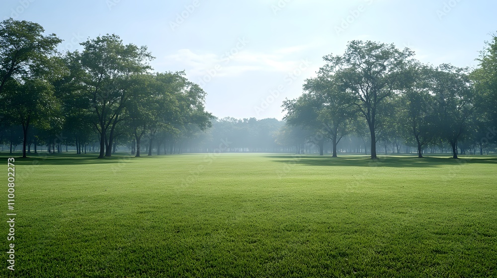 Obraz premium Serene park landscape with lush green grass and morning mist.