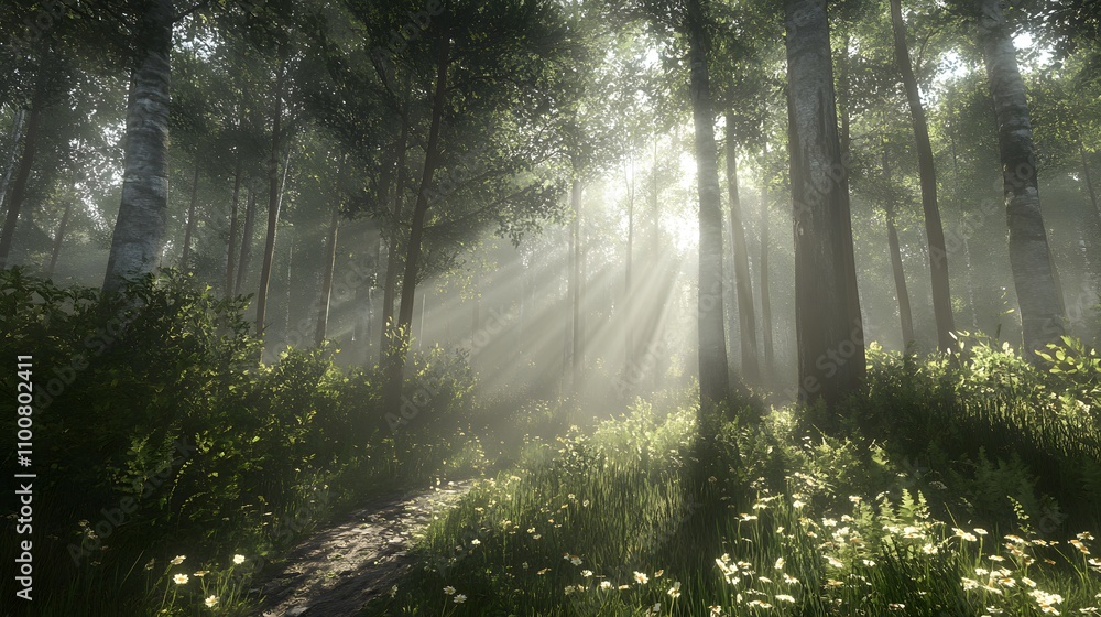 Obraz premium Serene forest with sunlight filtering through trees and lush greenery.