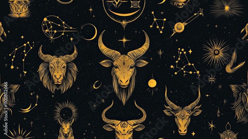 Celestial Taurus Gold Zodiac Constellations Night Sky Pattern photo