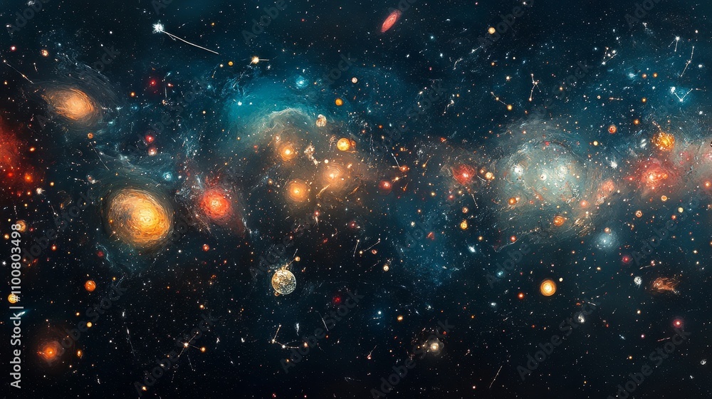 Fototapeta premium A vast and empty outer space scene with stunning constellations scattered across a deep cosmic backdrop, showcasing the beauty and mystery of the universe in photorealistic detail.