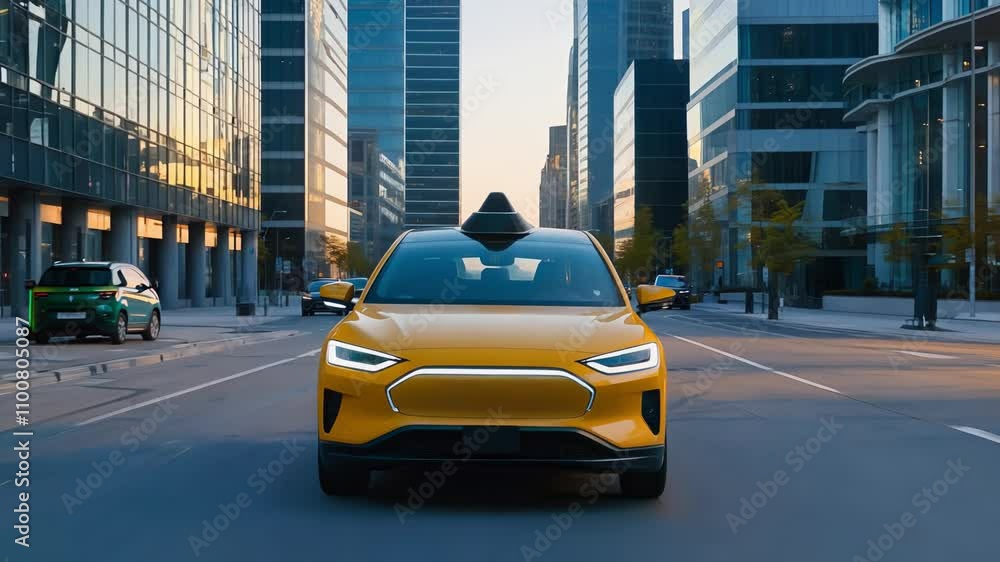 A futuristic yellow autonomous taxi navigating through a bustling urban setting A futuristic yellow autonomous taxi navigating through a bustling urban setting