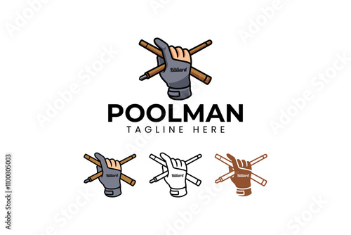 hand wearing mitten, holding stick billiard logo design. glove billiard with cue pool element design. gauntlet snooker with stick crossed icon illustration logo for billiard sport club and tournament