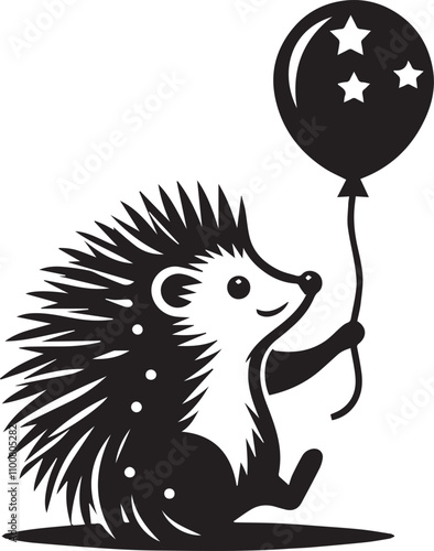 A hedgehog holding a balloon in one hand vector silhouette