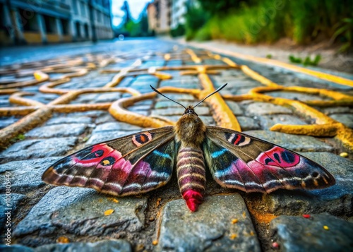 Urban Exploration of the Old Russian Alphabet with a Five-spotted Hawk Moth on a Gray Sidewalk, Showcasing Cultural Heritage and Nature in a Unique Composition photo