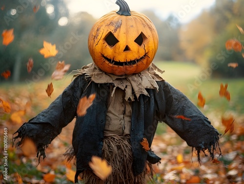 Weathered Pumpkin Headed Scarecrow Amidst Autumn Leaves in Pastoral Scene photo