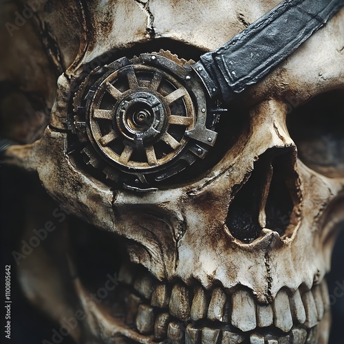 Weathered Skeleton Pirate s Rugged Dystopian Portrait with Mechanical Eye Patch photo