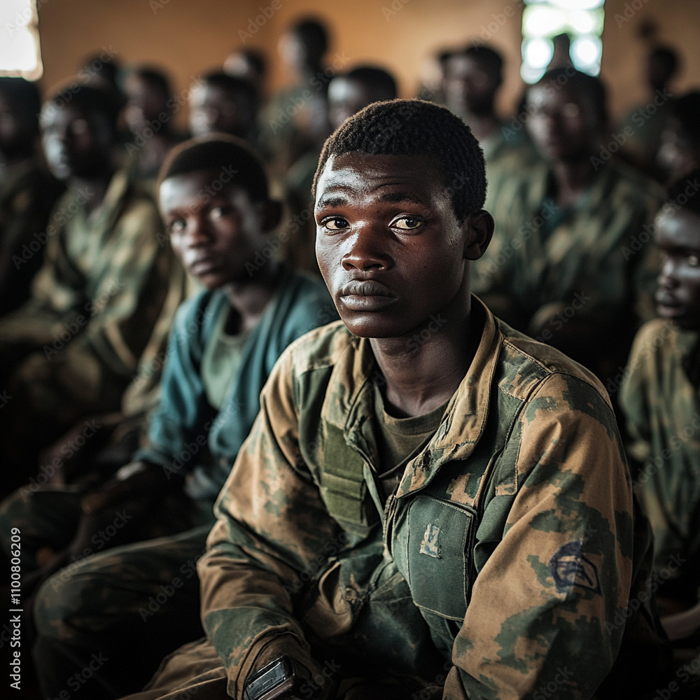 Obraz premium Young soldiers engaged in training in a dilapidated classroom setting