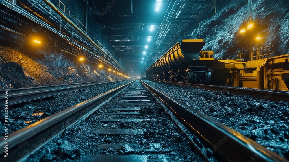 Fototapeta premium In the industrial environment, the conveyor belt transports coal efficiently, demonstrating the process of coal transportation in modern factories, with high-speed operation and optimized workflow