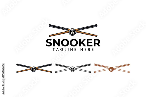 black ball billiard with stick crossed logo design. 8 ball pool with cue crossed vector element design. ball snooker with stick crossed icon illustration logo for billiard sport club and tournament