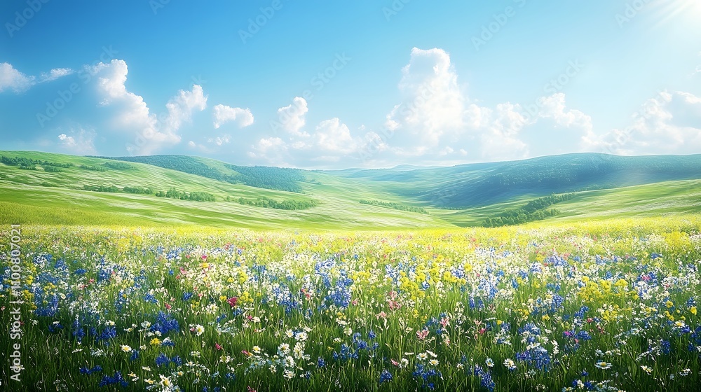 Fototapeta premium Vibrant wildflower meadow under a bright blue sky.