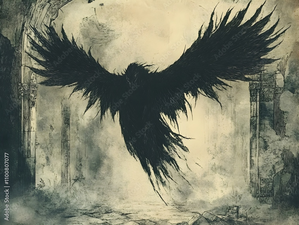 Ethereal Demonic Avian Entity Shrouded in Mist and Shadow within Abandoned Gothic Chapel Ruins