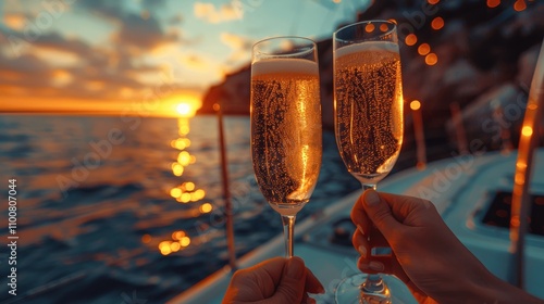 Friends Toasting with Champagne on a Yacht at Golden Hour