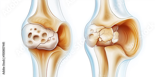 Osteoporosis weakening bones and causing knee joint degeneration and pain: photo