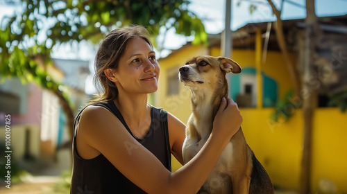 Woman hugging brown dog in colorful neighborhood