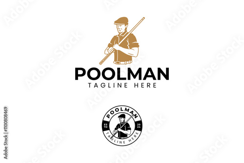 billiard player wearing hat and holding stick logo design. billiard man with cue pool and cap element design. snooker player with stick icon illustration logo for billiard sport club and tournament
