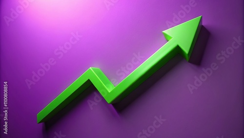 Vibrant 3D Green Arrow Illustrating Financial Growth on a Purple Background - Minimalist Cartoon Representation of Economic Success and Business Progress in a Dynamic Visual Style