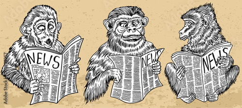 Design set with vector illustrations of cartoon funny monkeys surprised to read the news against textured background. Clip art of animals reading a newspaper. Hand drawn engraved comic artworks 