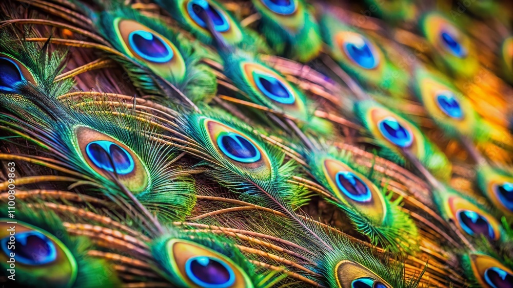 Obraz premium Vibrant and Colorful Peacock Feathers Showcasing Intricate Patterns and Textures with Shallow Depth of Field for Artistic and Nature Photography Lovers