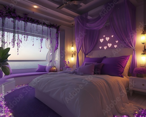 Valentineas,Day,Bedroom,Purple,Cushions,Soft,White,Bedspread,Romantic,Lighting,, photo