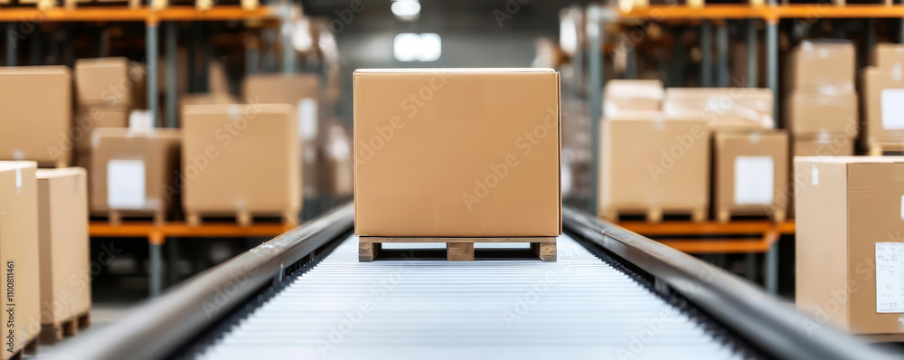 Naklejka premium Boxes move along a conveyor belt in a warehouse