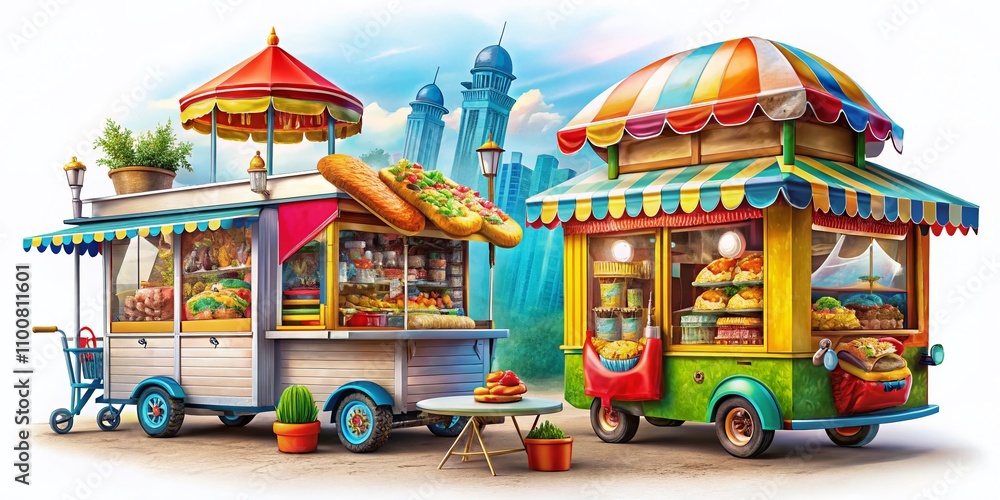 Obraz premium Vibrant Cartoon Fast Food Cart Collection Featuring Ice Cream, Burgers, Hot Dogs, and Coffee Stalls on a White Background for Street Food Enthusiasts and Culinary Projects