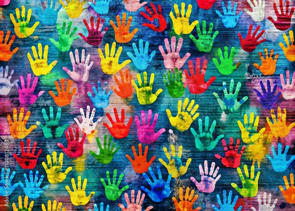 Fototapeta premium Vibrant Color Hand Print Pattern Background for Urban Exploration Photography Showcasing Creative Artistry and Texture in Diverse Urban Environments