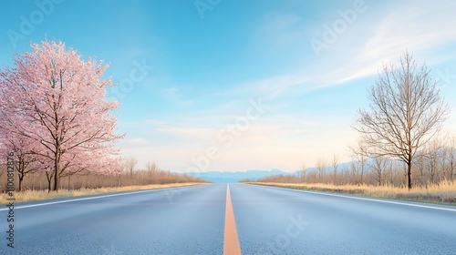 Scenic drive through blooming cherry trees along serene road nature landscape daylight view