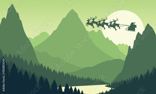 Vector green mountain landscape with clear sky, santa claus, christmas, sunset behind the mountains and silhouettes of trees and calm lake water