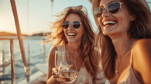 Friends Enjoying Champagne on Luxury Yacht at Sunset