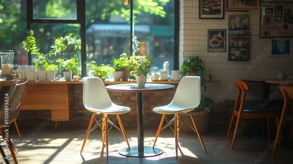 Fototapeta premium Sunny cafe interior with plants, white chairs, and a small table near a large window.