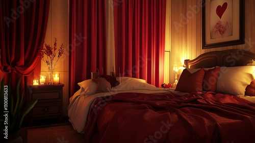 Valentineas,Day,Bedroom,Romantic,Red,Curtains,Candlelit,Nightstand,Soft,Textures,, photo