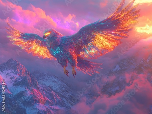 Fiery Phoenix Soaring Above Majestic Mountains at Sunrise photo