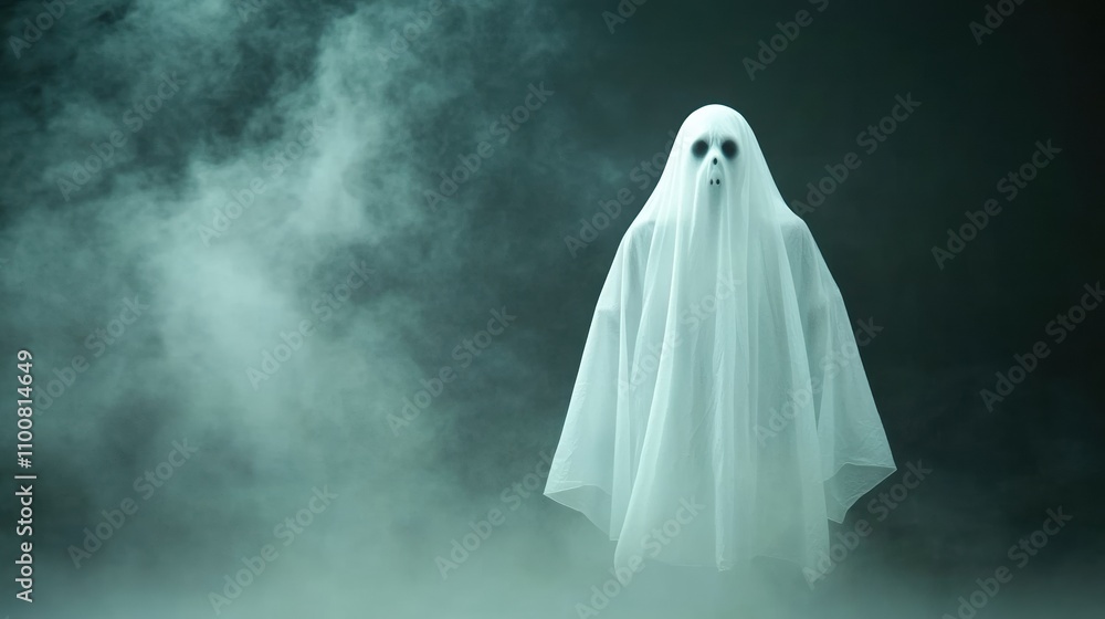 Eerie ghostly figure in misty fog haunting a dark graveyard – a chilling scene of supernatural mystery Eerie ghostly figure in misty fog haunting a dark graveyard – a chilling scene of supernatural mystery