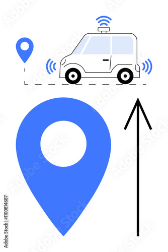 Autonomous car with wireless signals moves toward a large blue location pin and an arrow pointing forward. Ideal for navigation, transportation, technology, smart cities, automotive industries, maps