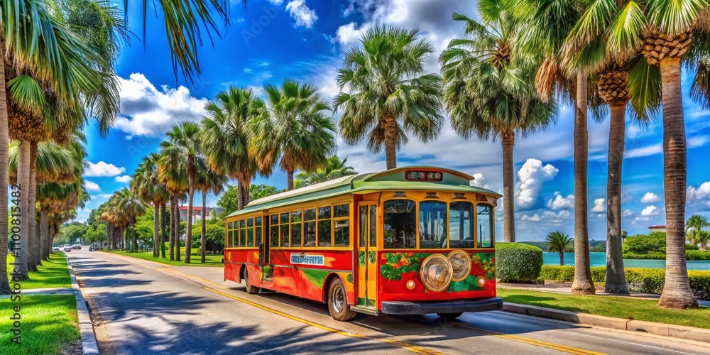 Obraz premium Vibrant Jolley Trolley Bus Nestled Among Lush Palm Trees in Dunedin, Florida, Showcasing the Scenic Beauty of the Gulf Coast with a Relaxing Coastal Vibe and Bright Sunshine