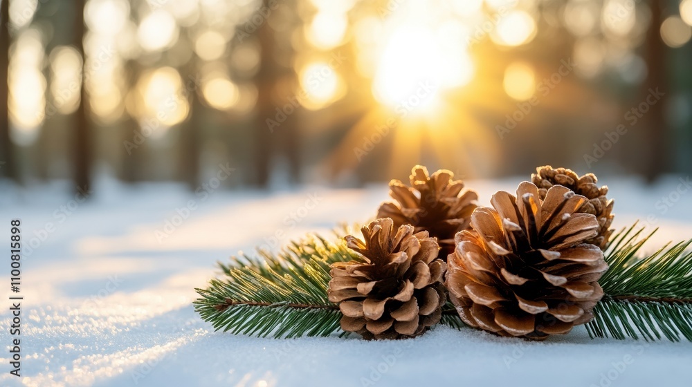 Obraz premium Festive joy creating a merry christmas atmosphere with pine needles and pinecones surrounded by nature's beauty