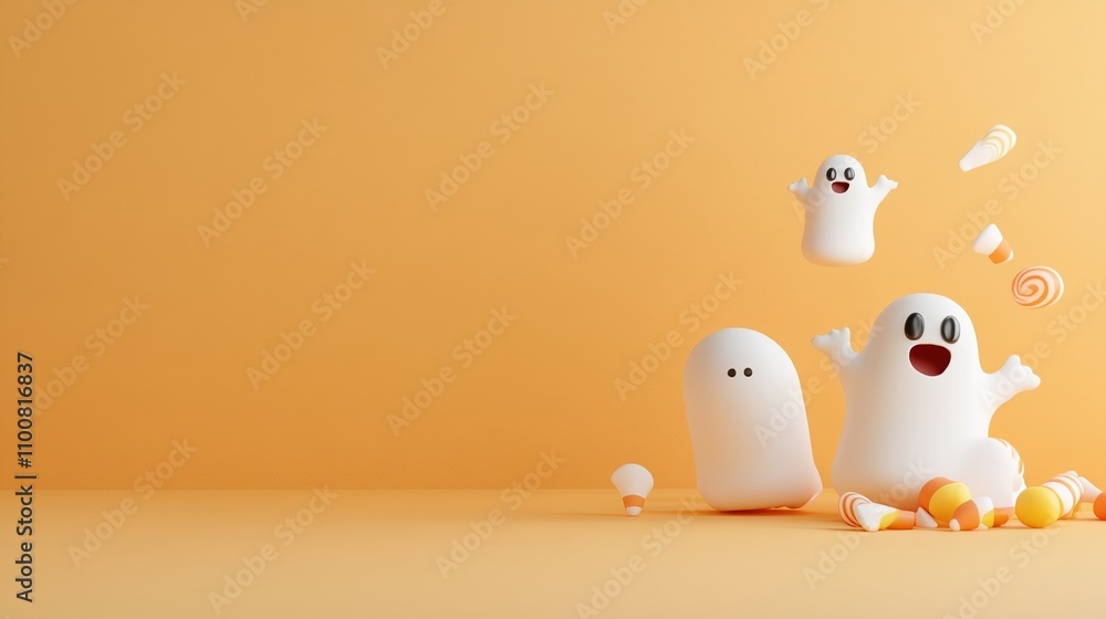 Playful boo ghosts celebrating halloween with candy corn on a bright orange background for festive fun Playful boo ghosts celebrating halloween with candy corn on a bright orange background for festive fun