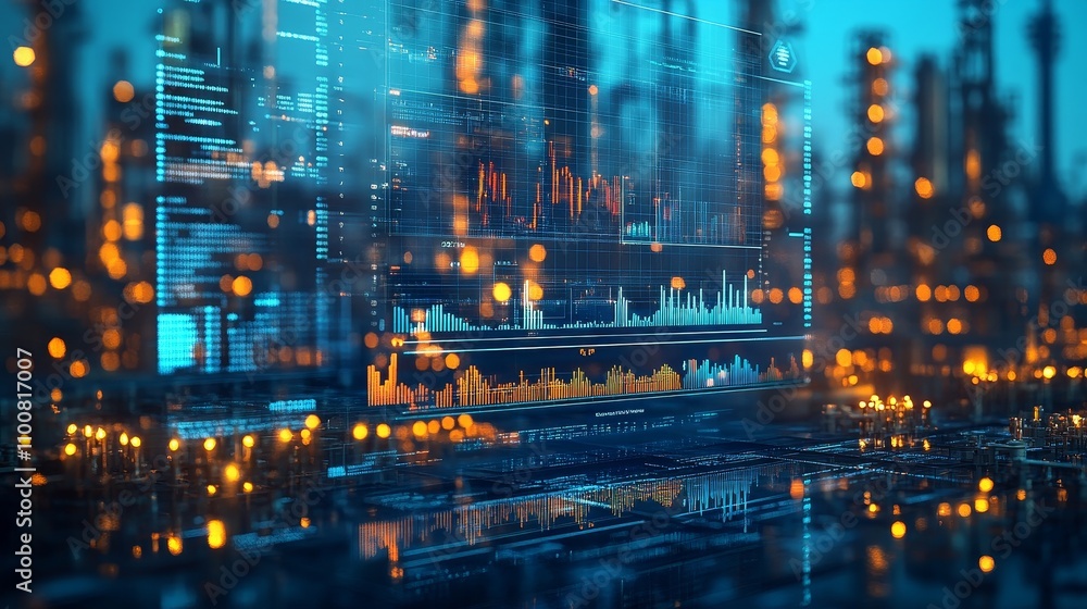 Fototapeta premium Close-up of a big data screen displaying oil and gas theme charts, graphs, and icons, with a blurred industrial factory background illuminated by blue hour lighting and bokeh effects.