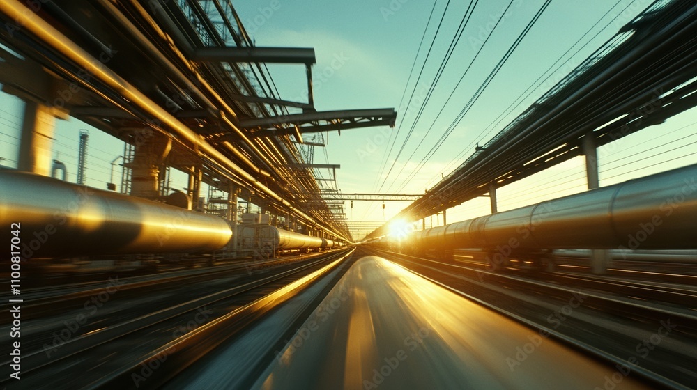 Intricate refinery pipelines stretching into the horizon at sunset capturing the essence of industrial beauty Intricate refinery pipelines stretching into the horizon at sunset capturing the essence of industrial beauty