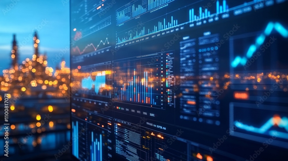 Close-up of a big data screen displaying oil and gas theme charts, graphs, and icons, with a blurred industrial factory background illuminated by blue hour lighting and bokeh effects. Close-up of a big data screen displaying oil and gas theme charts, graphs, and icons, with a blurred industrial factory background illuminated by blue hour lighting and bokeh effects.