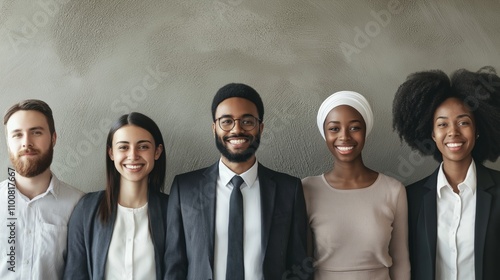 Professional group portrait of diverse colleagues in business attire against a neutral backdrop.