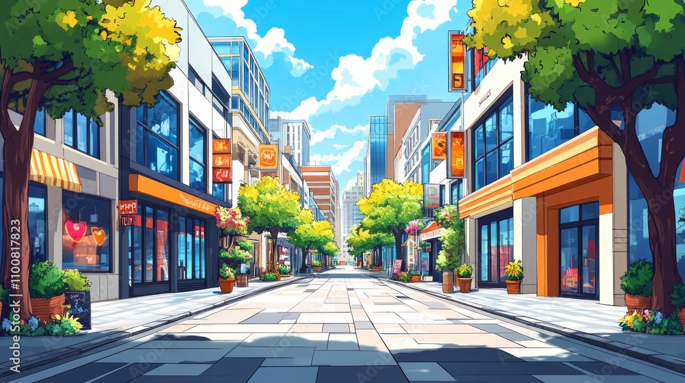 Obraz premium Sunny day cityscape street scene with shops, trees, and pedestrians.