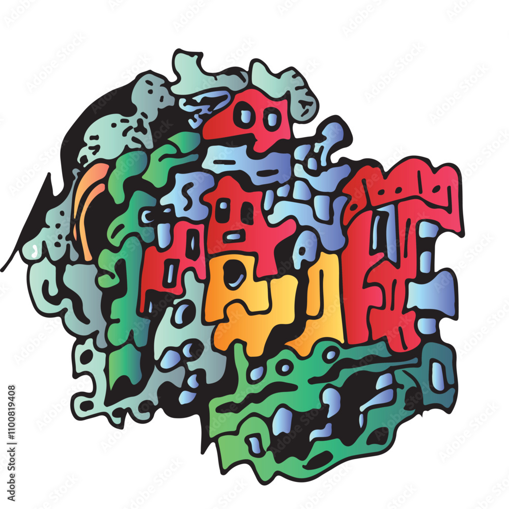 Fototapeta premium vector seamless cute random imaginative doodles full color, abstract cartoon doodle skull, bone, insect, botanical and head colorful illustration. Vector illustration 