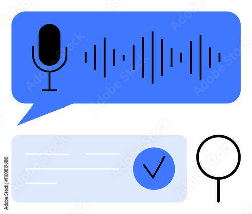 Microphone, sound wave, search magnifying glass, and checkmark icons in speech bubbles. Ideal for audio recording, voice commands, search engines, AI, technology user experience and communication