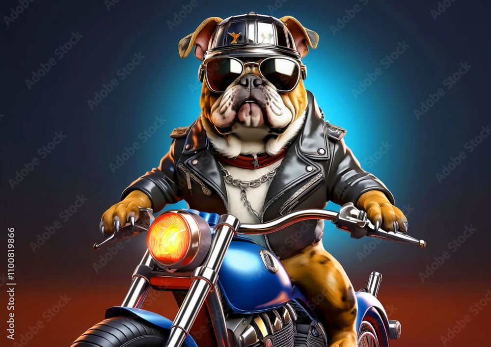 Obraz premium biker dog - bulldog driving a motorcycle - 3d illustration