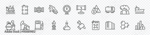 Set of Oil Factory Related Vector Line Icons. Contains such Icons as Gas Station, Oil Factory, Transportation and more. Editable Stroke.